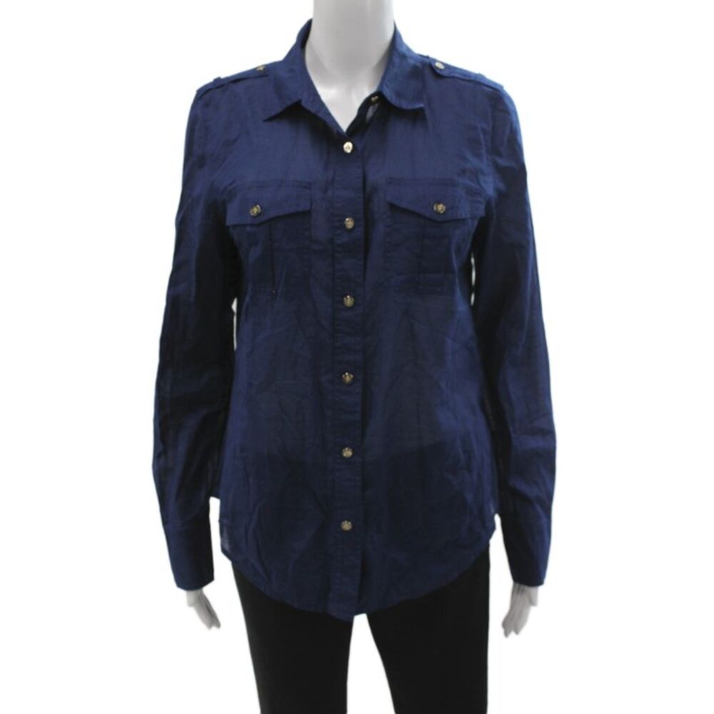 Tory Burch Womens Collared Blue Cotton Button-Up Long Sleeve Top Size 8